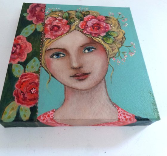 A hope of spring. 20x20cm Portrait of a romantic young blonde woman