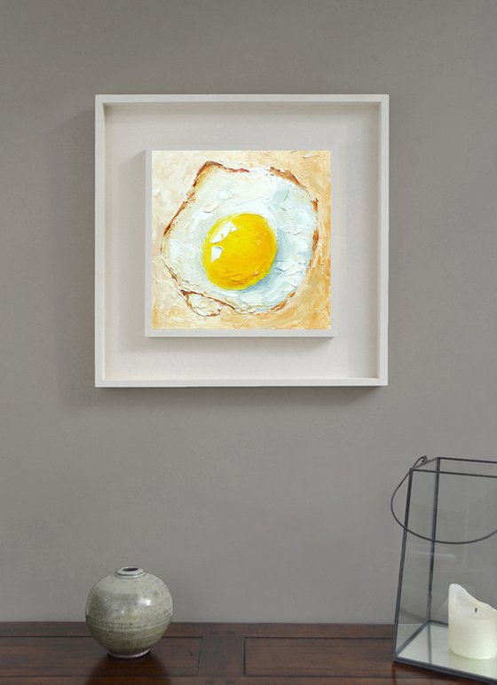 Fried Egg Painting Original Art Kitchen Food Artwork Breakfast Wall Art Small Oil Painting