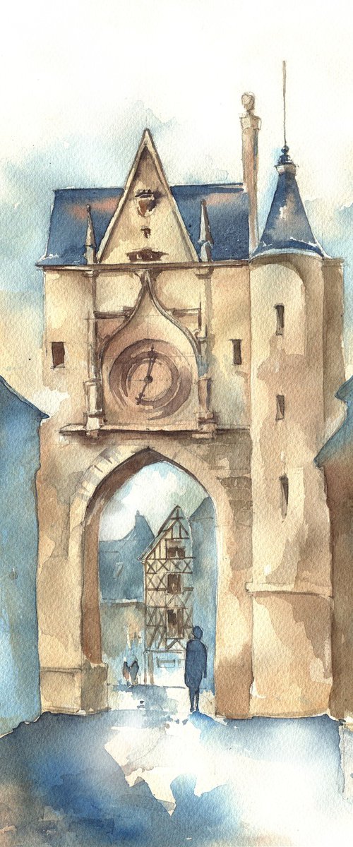 "Walk in the Medieval City" architectural artwork in watercolor by Ksenia Selianko