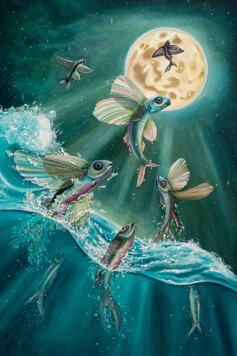 Surrealistic Animal Acrylic Painting By Saskia Huitema, 17 X 24", Eight Of Wands, Original Artwork