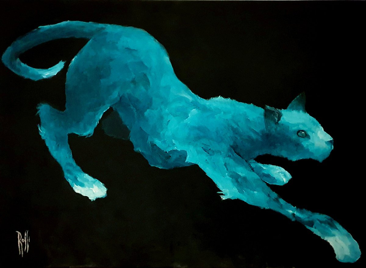 Impressionistic Animal Oil Painting By Armando Rossi, 31 X 24, Permanent Green Cat, Original Artwork