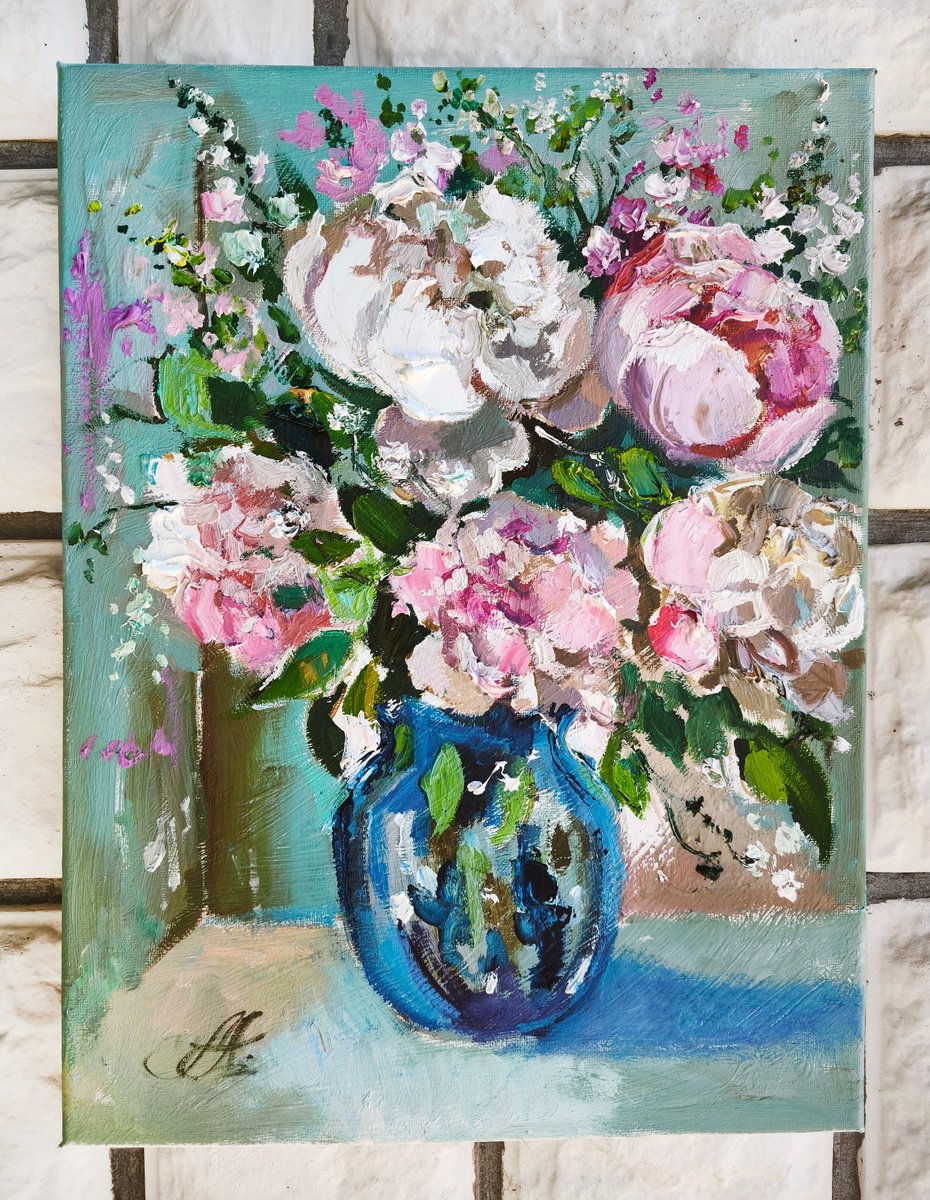 Impressionistic Botanical Painting By Annet Loginova, 12 X 16, Peony Bouquet In Vase, Original Artwork