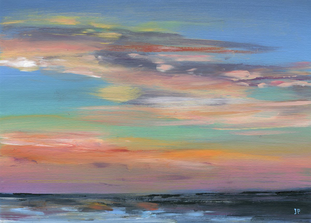 Abstract acrylic sea landscape painting , coastal sunset artwork , beach wall art with clo... by Irina Povaliaeva