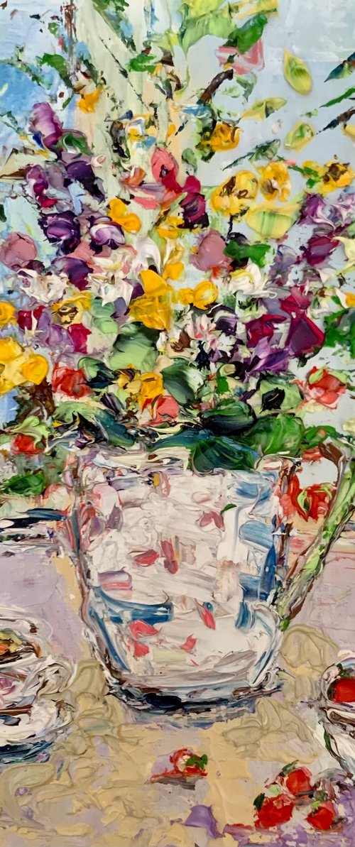 Colorful Still Life with Flowers and Berries by Vilma Gataveckienė