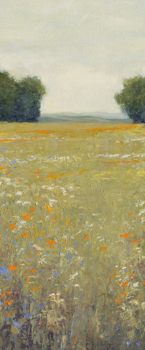 Wild Flower Field 230126, trees and flower field impressionist landscape painting by Don Bishop