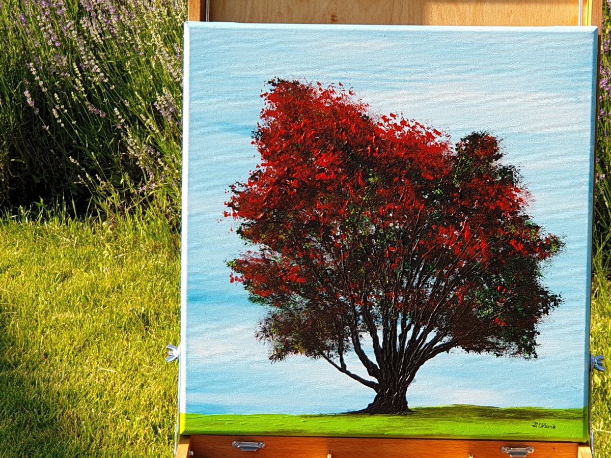 Impressionistic Landscape Acrylic Painting By Daniel Urbani?k, 16 X 16, Red Tree, Original Artwork