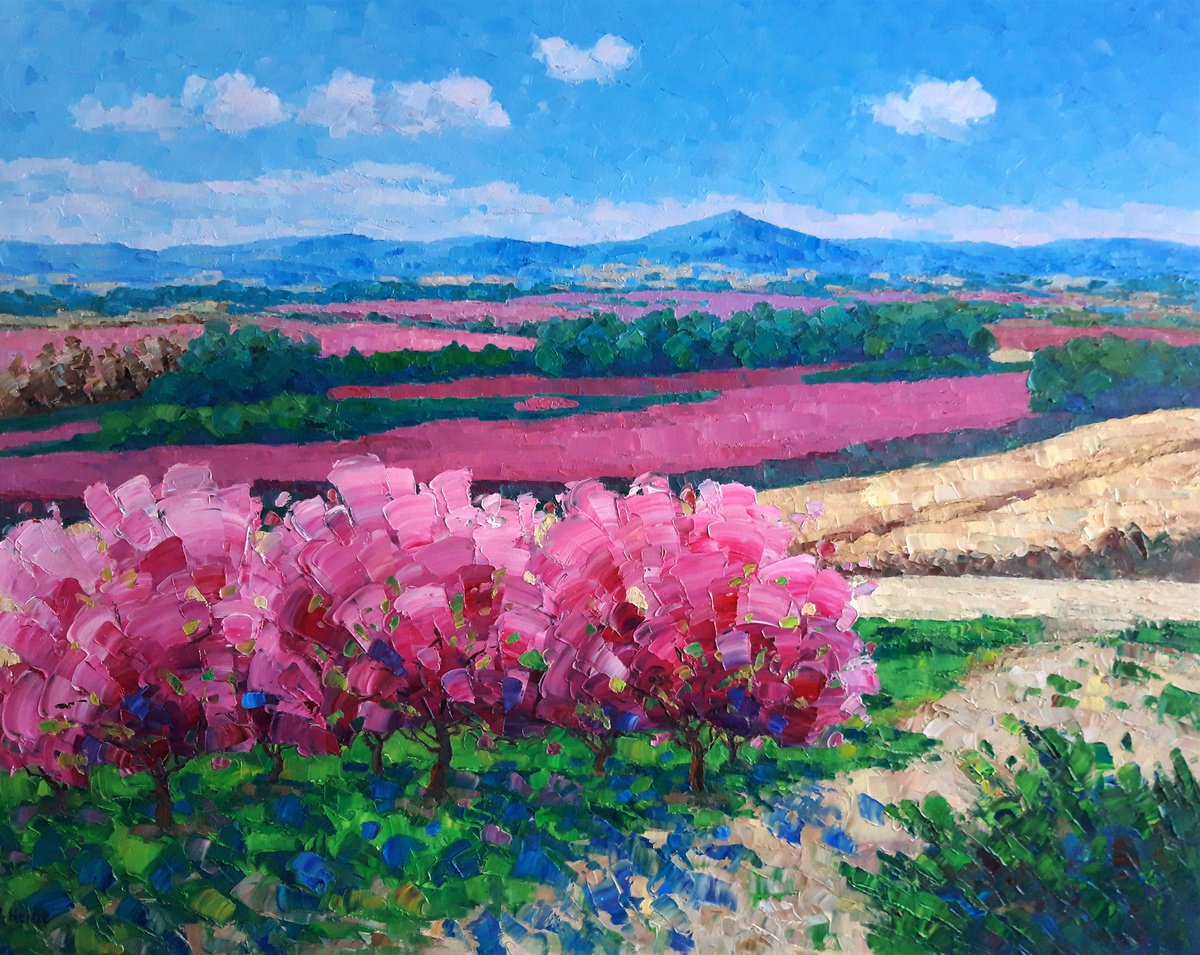 Blooming pink peach trees by Irena Heinz
