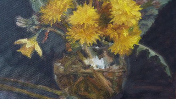 Still life with daffodils and dandelions