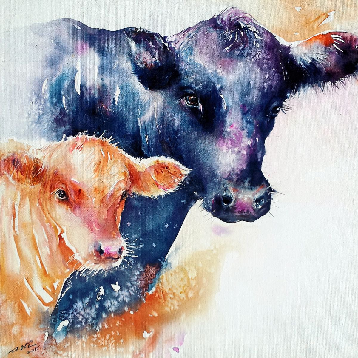 Impressionistic Animal Watercolour By Arti Chauhan, 16 X 16, Moo Mum, Original Artwork