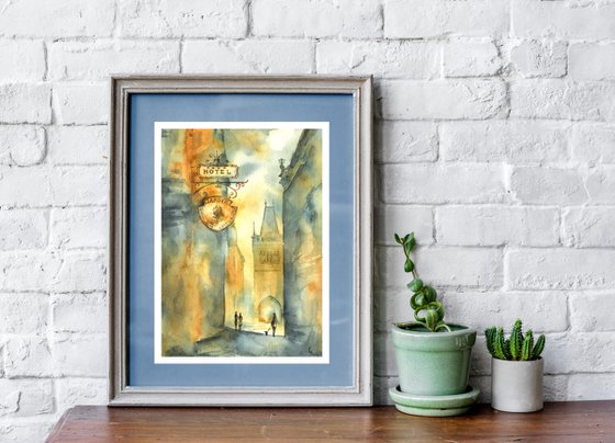 "Prague street in the golden evening light" architectural artwork in watercolor