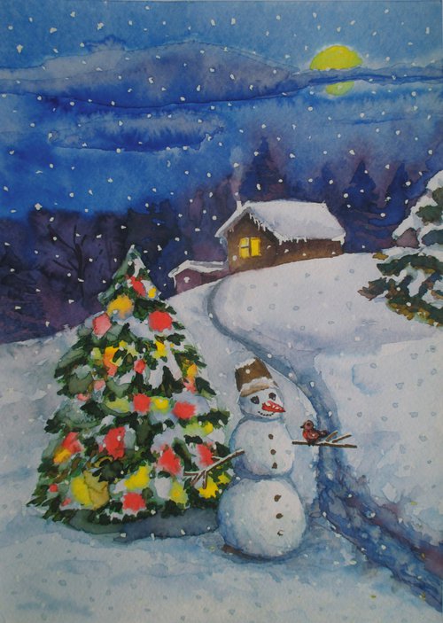 Night watchman, Christmas and New Year watercolor greeting card by Julia Gogol