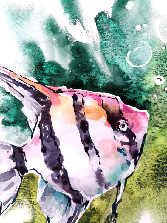 "Striped scalar fish in water" fantasy original watercolor artwork