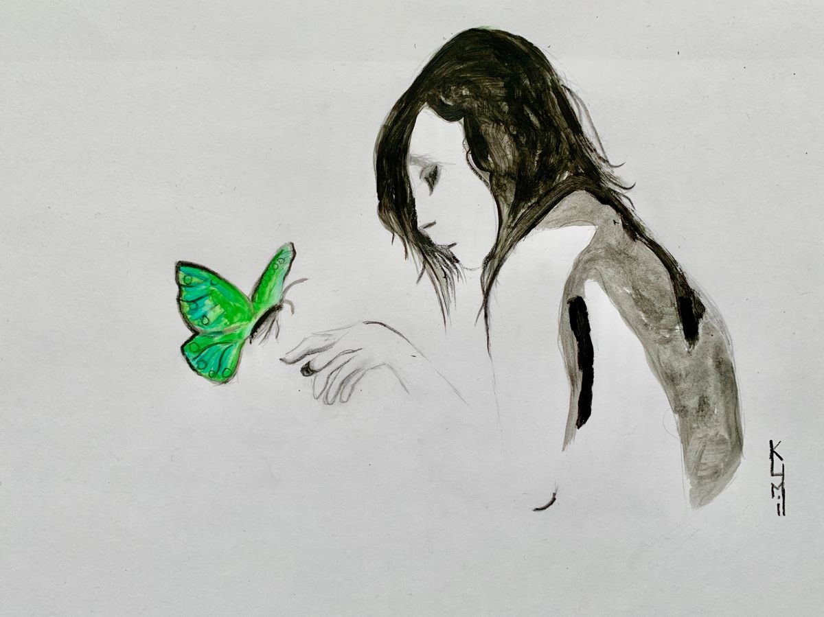 Painting of Woman / Girl with Butterfly / Art / Feel Good Painting / Black and White / Sub... by Kumi Muttu