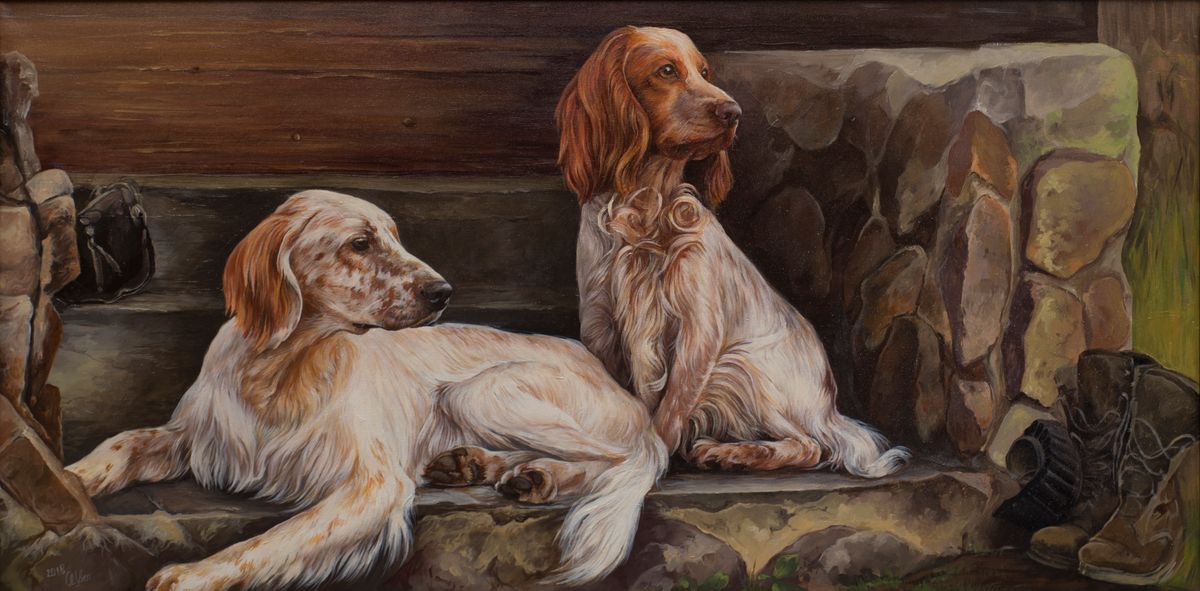 Two setters. 100cm x 50cm. Oils on canvas. by Olga Tsvetkova