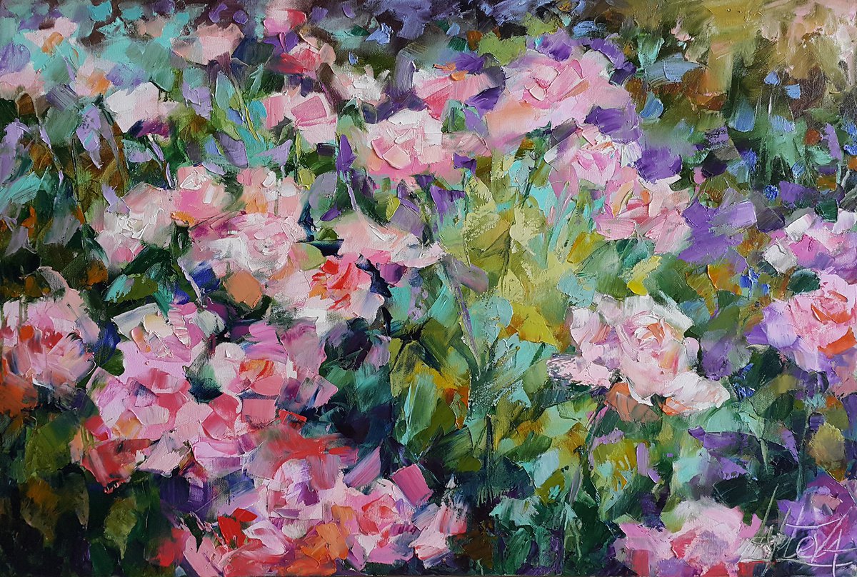 Organic Botanical Acrylic Painting By Viktoria Lapteva, 33 X 23", Roses In Garden, Original Artwork