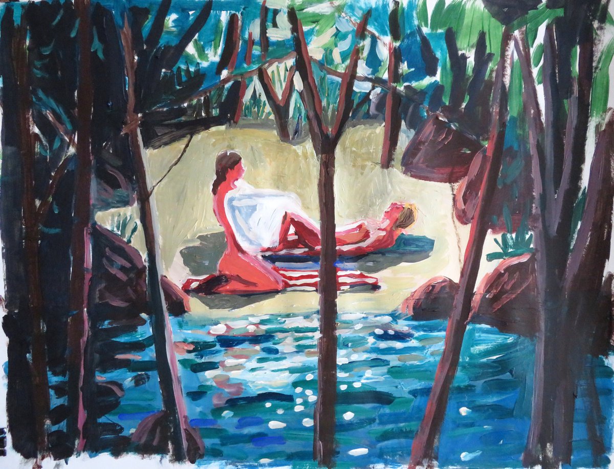 Impressionistic Landscape Acrylic Painting By Stephen Abela, 28 X 22", Clearing, A Scene With Bathers, Original Artwork