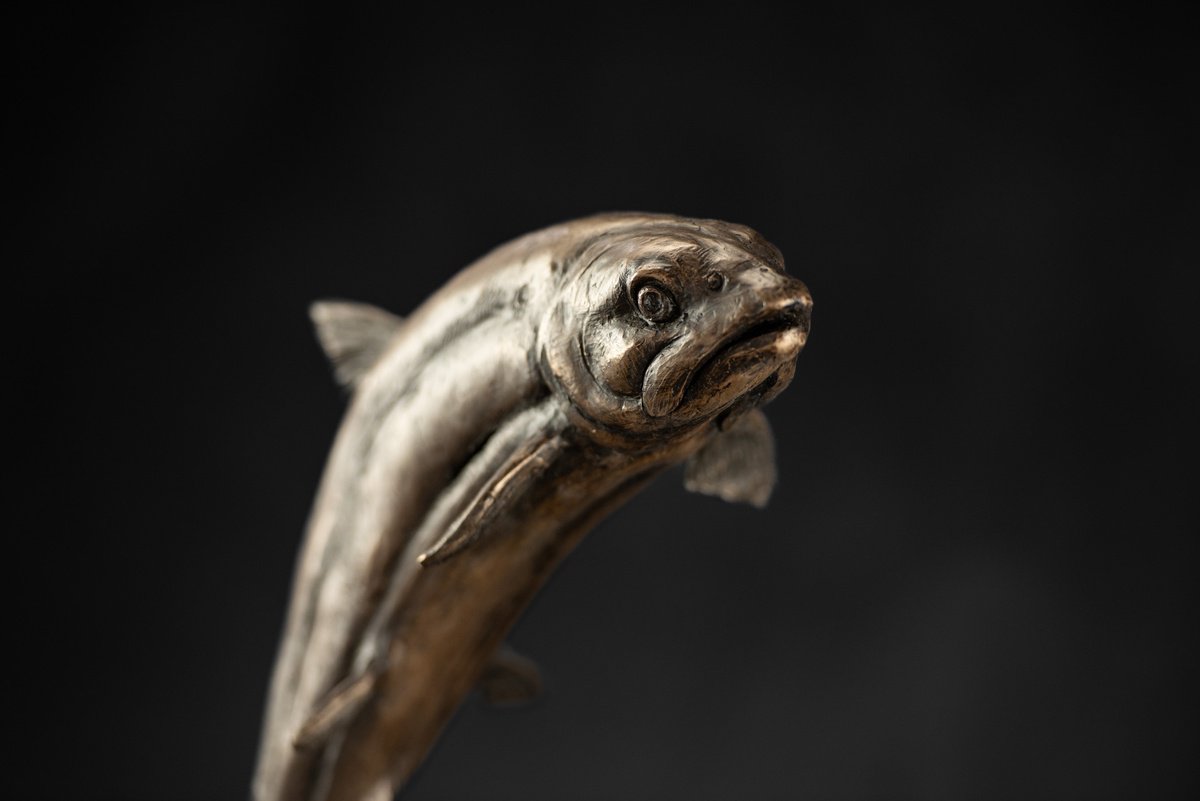 Animal Bronze Sculpture By Tanya Russell, 9 X 18", Leaping Salmon Foundry Bronze, Original Artwork