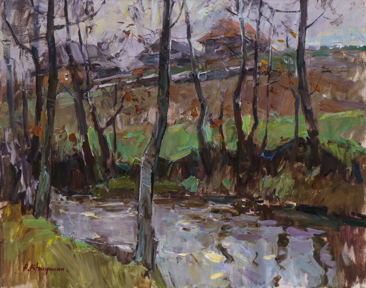 Impressionistic Landscape Oil Painting By Aleksandr Kryushyn, 28 X 22, Creek, Original Artwork