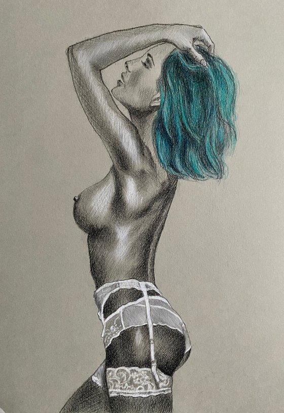 White underwear, blue hair