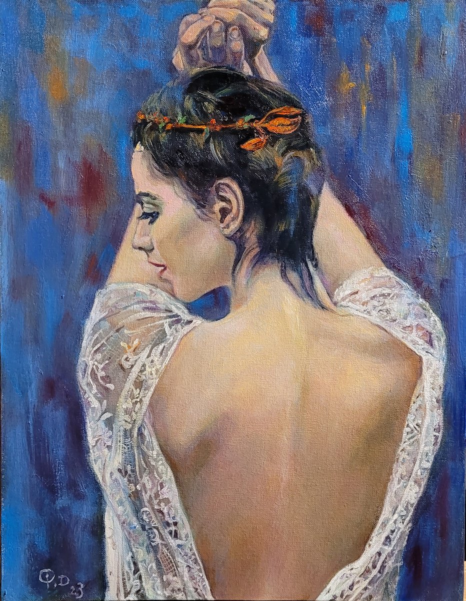 Expressive Portrait Oil Painting By Qi Debrah, 14 X 18", A Woman