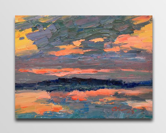 Sunset art, Landscape painting, Riverscape, Oil Painting Original, Nature, One of a kind, Wall art home decor, Impressionist art