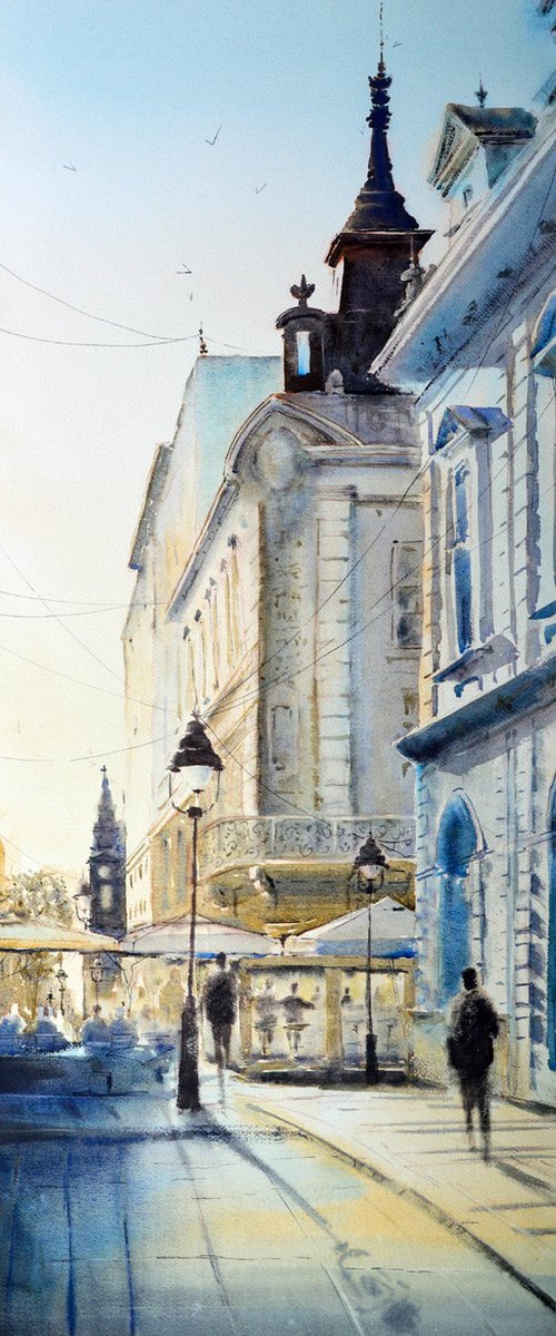 Sunny day at corner of Knez Belgrade 87x35 cm 2023 by Nenad Kojić watercolorist