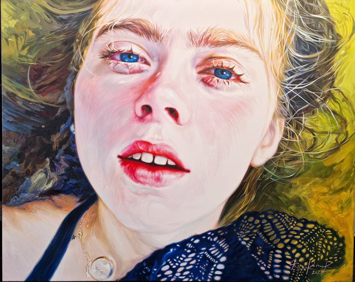 Photorealistic Portrait Acrylic Painting By Lesja Rygorczuk, 39 X 31", Barely Present, Original Artwork