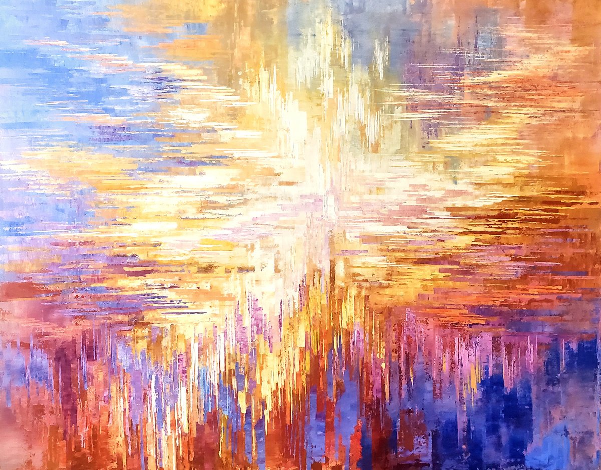 Abstract Acrylic Painting By Tatiana Iliina, 60 X 45", Rays Of An Ancient Sun, Original Artwork