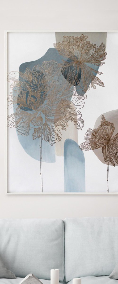 "Thinness 5" Blue gold flowers abstract art by Marine Boiko