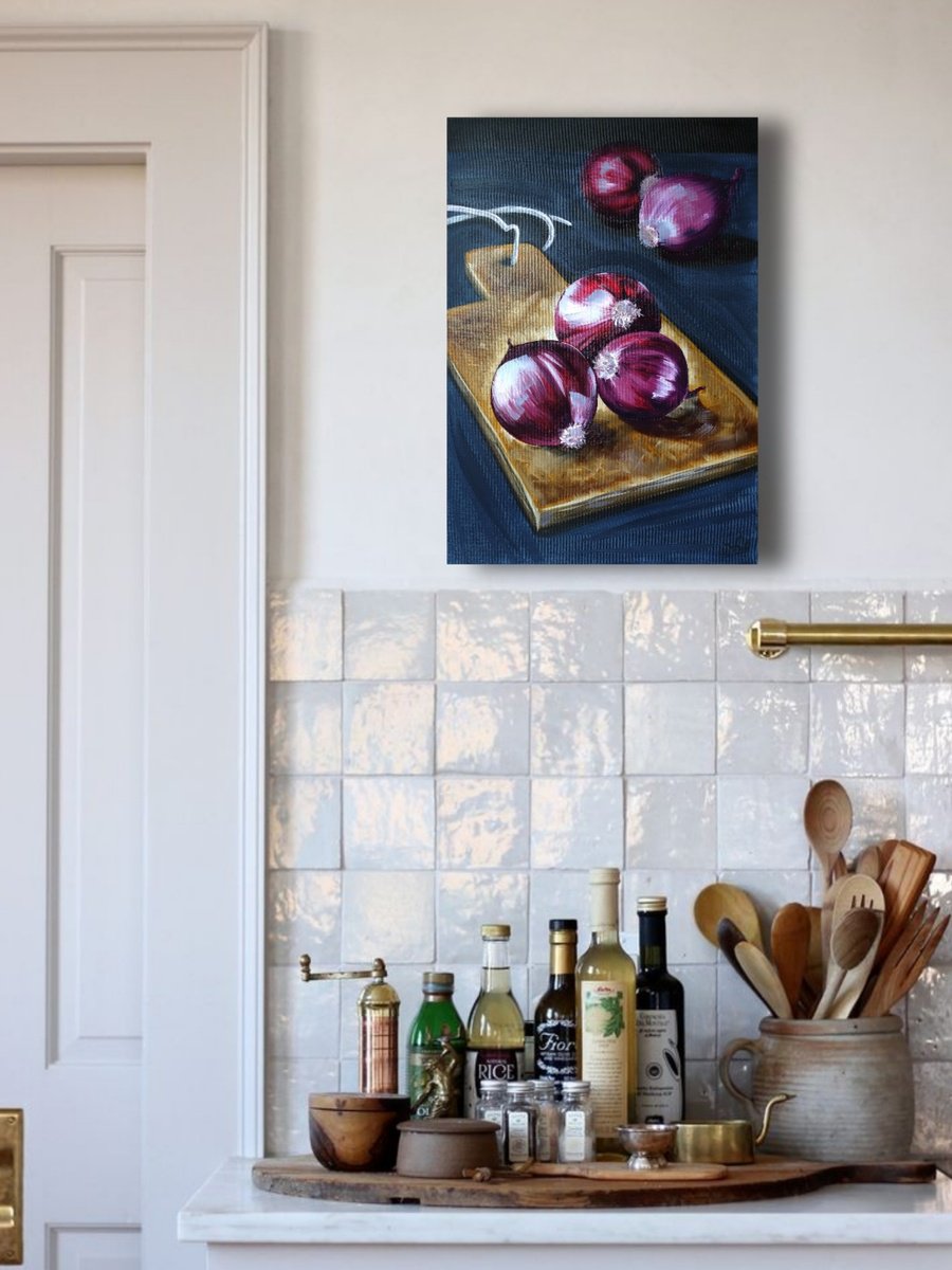 Photorealistic Still Life Oil Painting By Anna Shabalova, 14 X 20, Purple Onion, Original Artwork