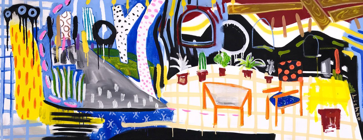 Expressive Still Life Acrylic Painting By V. Lishko, 71 X 28", Home, Original Artwork