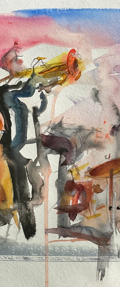 "Jazz Band playing Louis Armstrong" (WATERCOLOR SKETCH, 'JAZZ BY THE SEA' SERIES) by Irina Bibik-Chkolian