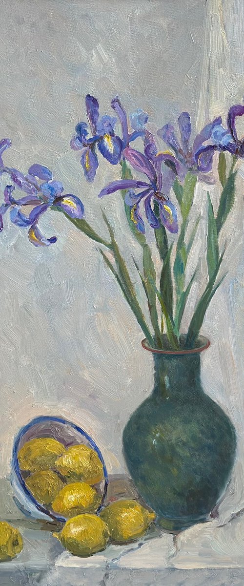 Still life with irises flowers and lemons by Anna Novick