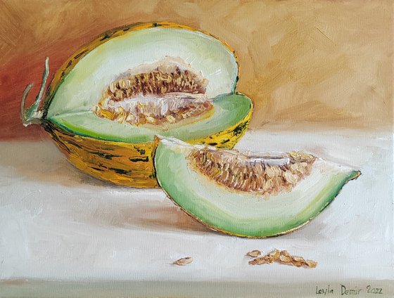 Melon fruit oil painting Original still life kitchen wall decor 12x16''