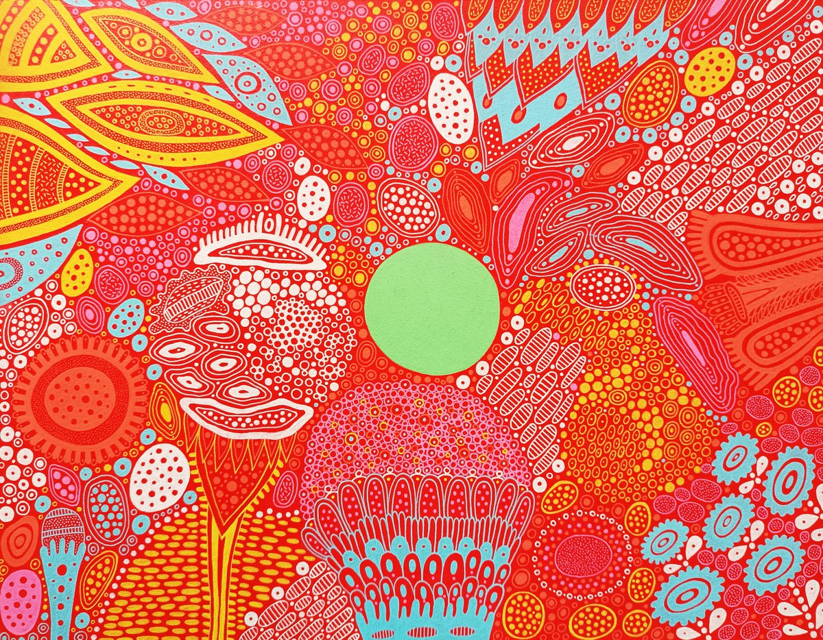 Organic Botanical Acrylic Painting By Veronika Demenko, 18 X 14", Organic Geometry N.2 - Green Tropical Sun, Original Artwork