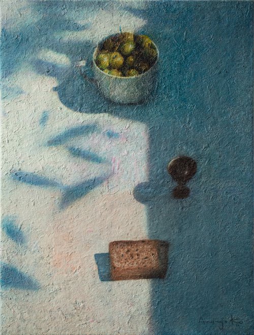 Still Life With Slice Of Bread And Wild Apples by Andrejs Ko