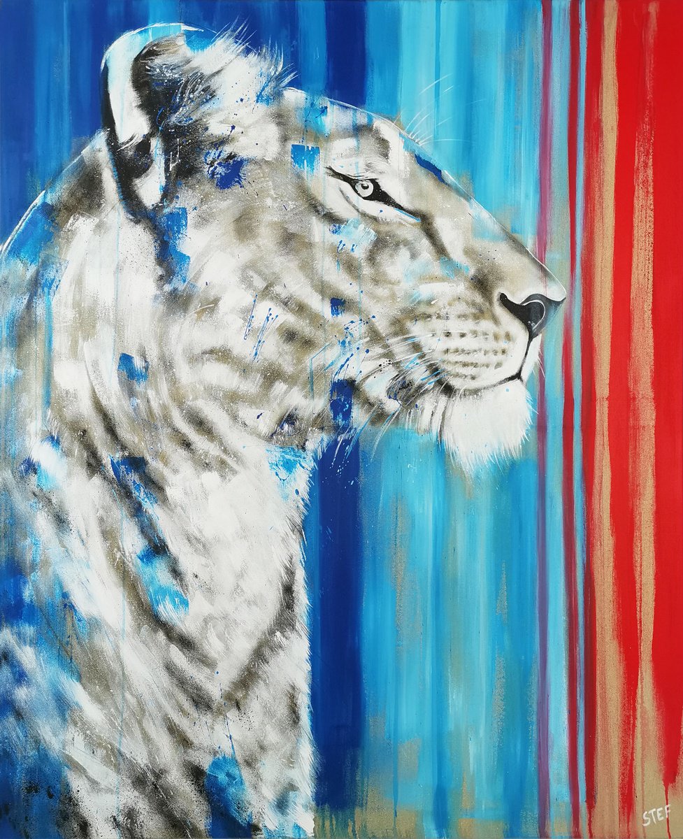 Expressive Animal Acrylic Painting By Stefanie Rogge, 39 X 47", Lioness #10- Red List, Original Artwork