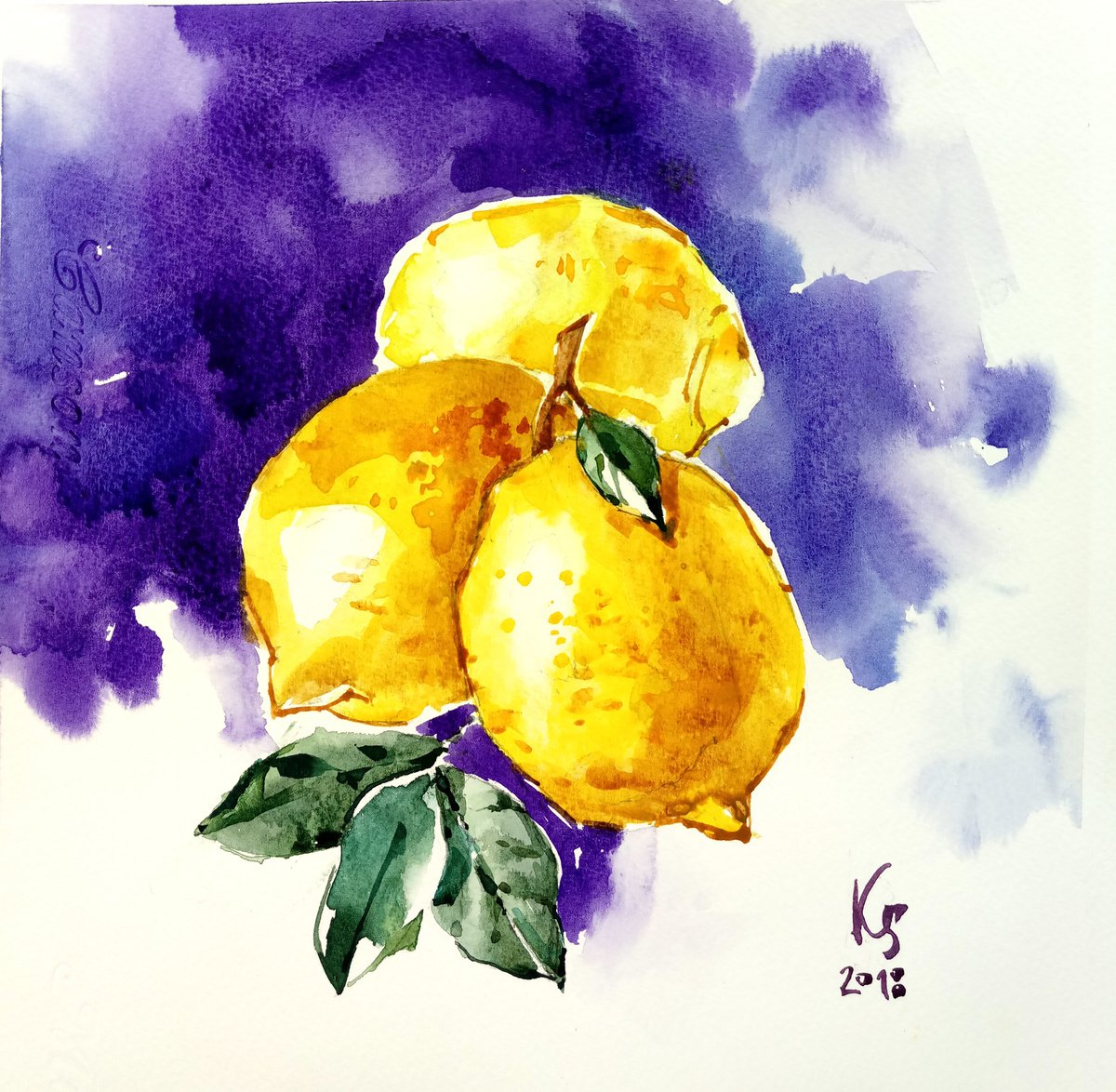 Contrasting still life Lemons on a dark background original watercolor artwork by Ksenia Selianko