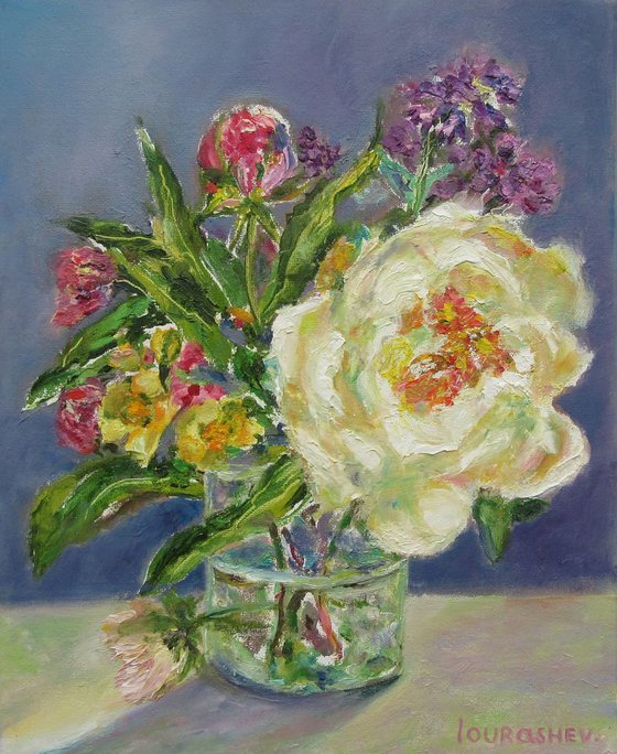 A Rose in a Glass / Wildflowers Meadow Original Traditional Impressionism Joyful Floral Handmade Vibrant Colours Purple and White Kitchen Still Life Rose Small Oil Painting 20x25 cm.