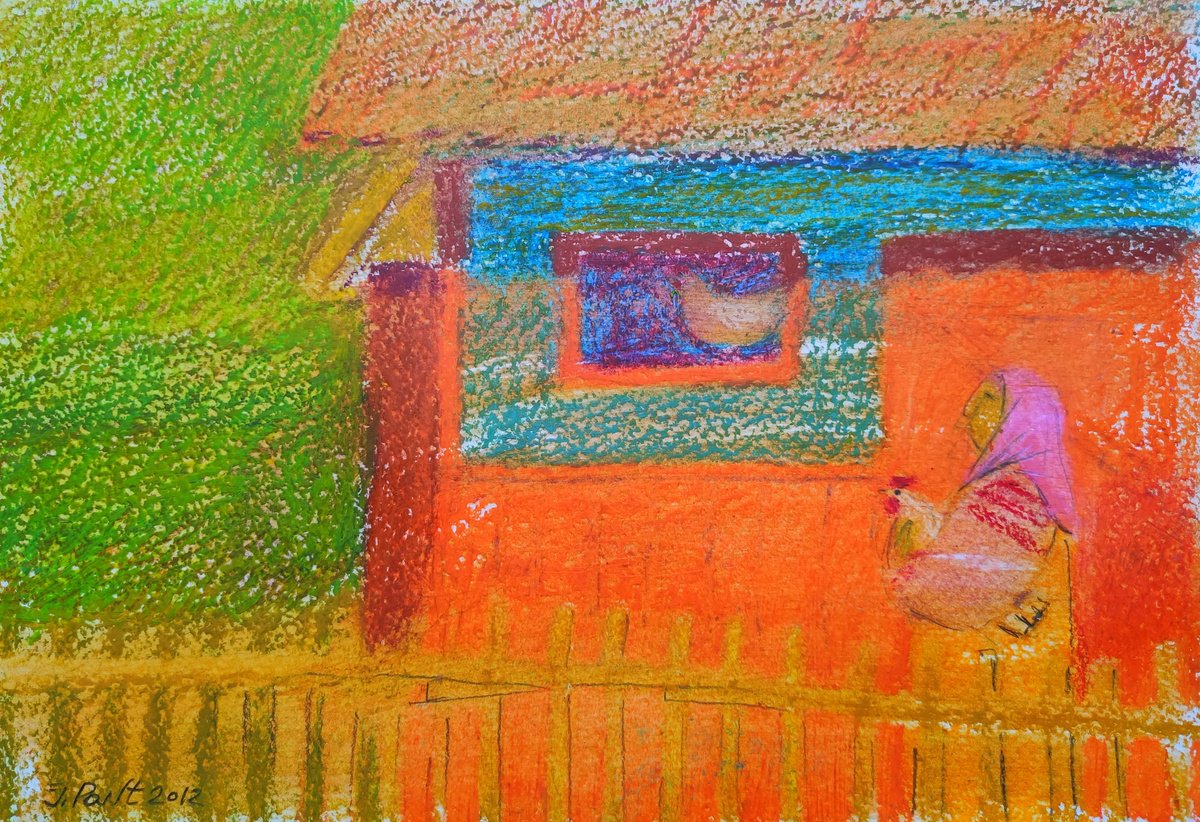 Impressionistic Animal Pastel Drawing By Inna Pantelemonova, 12 X 8, Rural Yard, Original Artwork