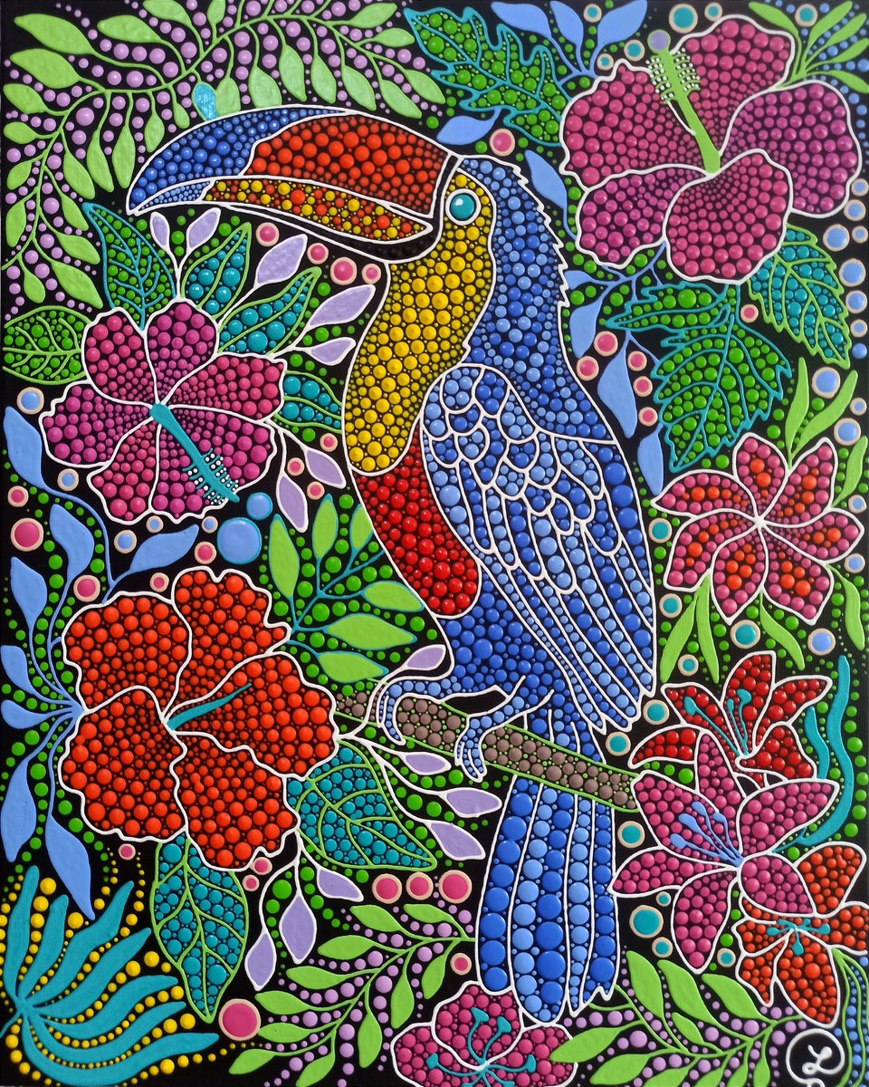 Expressive Animal Acrylic Painting By Oxana Lazari, 16 X 20", Bird Of The Tropics, Original Artwork