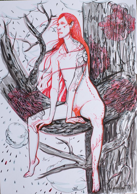 It rained everywhere. Woman in tree