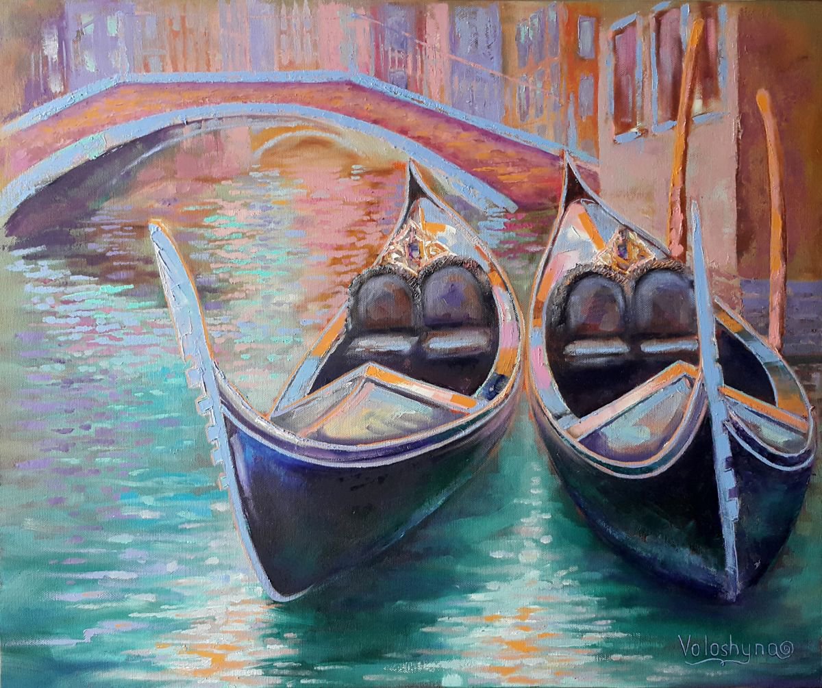 Impressionistic Cityscapes Oil Painting By Mary Voloshyna, 24 X 20", Venetian Gondolas, Original Artwork
