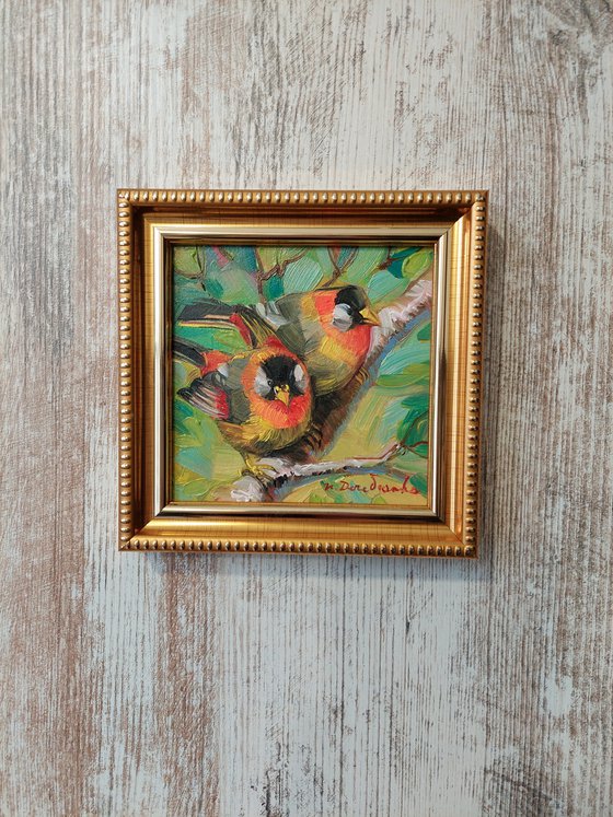 Orange birds couple on brunch art painting, Mini picture frame bird painting original 4x4