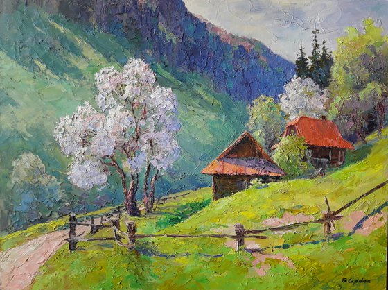 Oil painting Spring in the Carpathians
