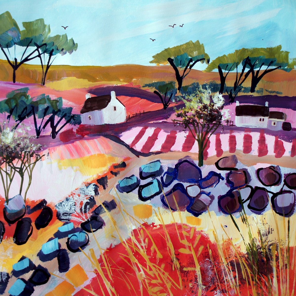 Impressionistic Landscape Acrylic Painting By Julia Rigby, 20 X 20", Two Cottages, Original Artwork