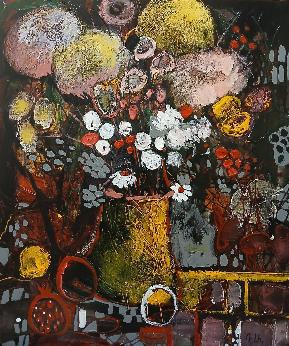 Abstract Still Life Acrylic Painting By Davit Arstamyan, 20 X 24, Floral Labyrinth, Original Artwork