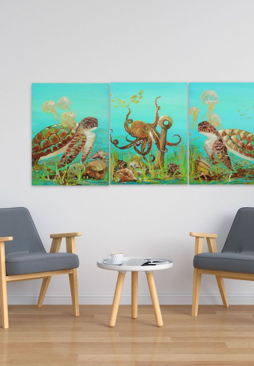 Triptych Sea Turtle, Octopus, Jellyfish Acrylic Painting on Canvas  (61 x 137cm). Sea Life Modern Art. Ocean Original Painting on Canvas. by Sveta Osborne