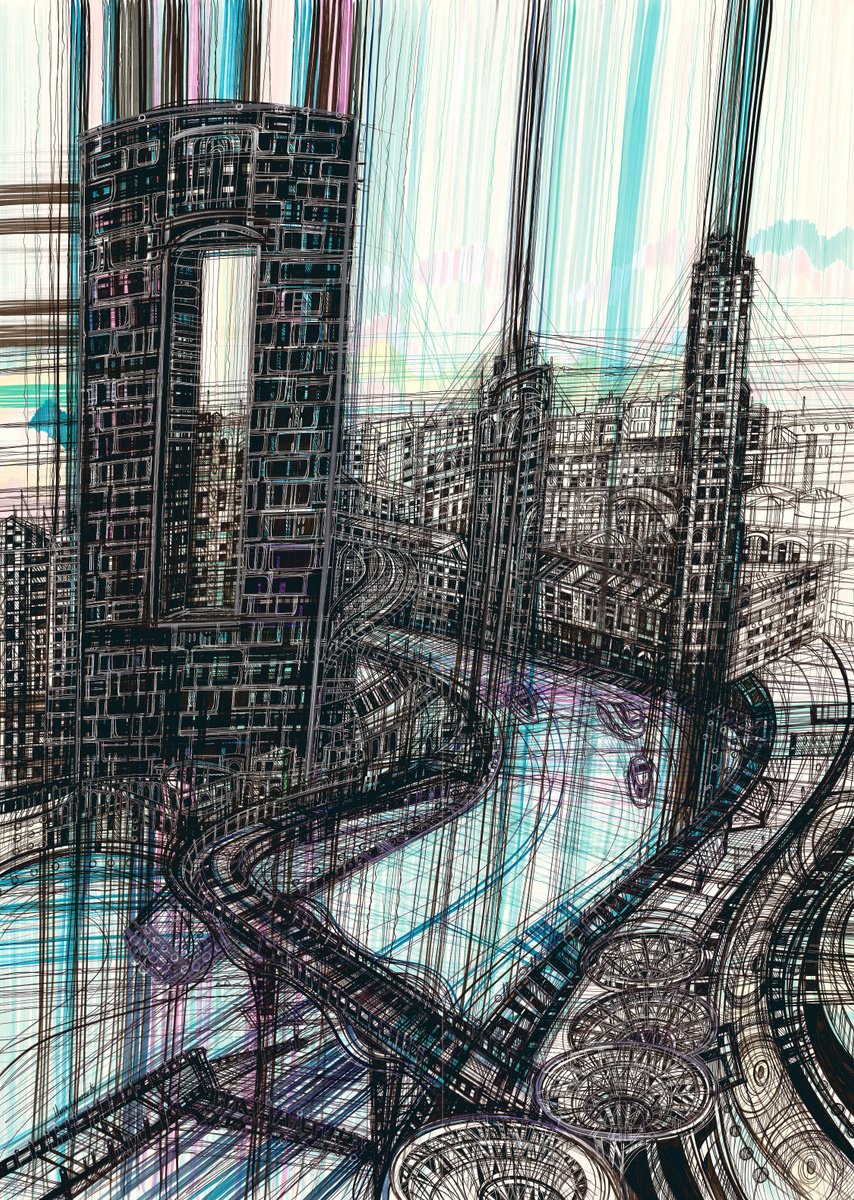 Expressive Cityscapes Drawing By Maria Susarenko, 30 X 39", Dubai. Architecture, Original Artwork