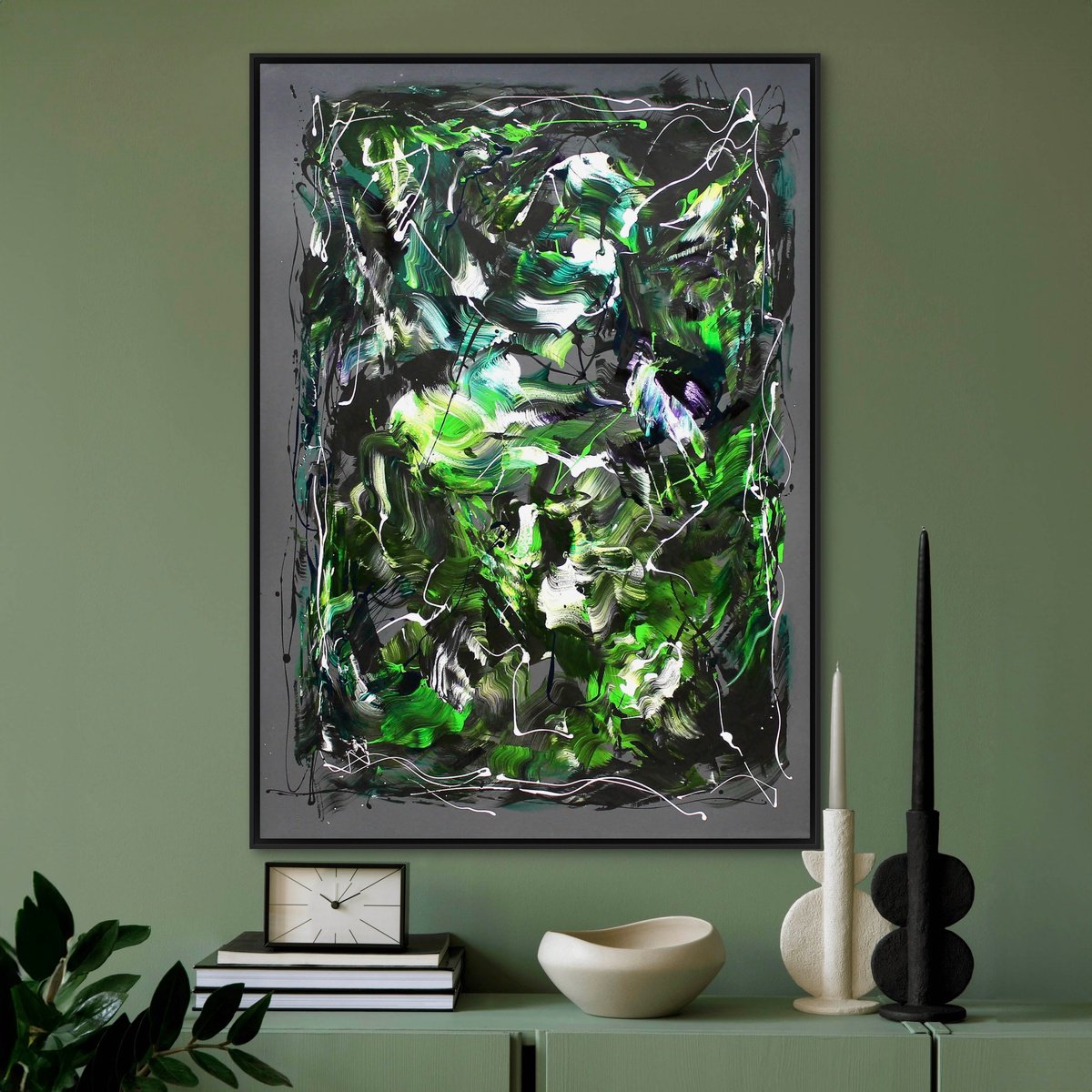 Expressive Abstract Acrylic Painting By Paresh Nrshinga Frsa, 34 X 48", Emerald Veil, Original Artwork